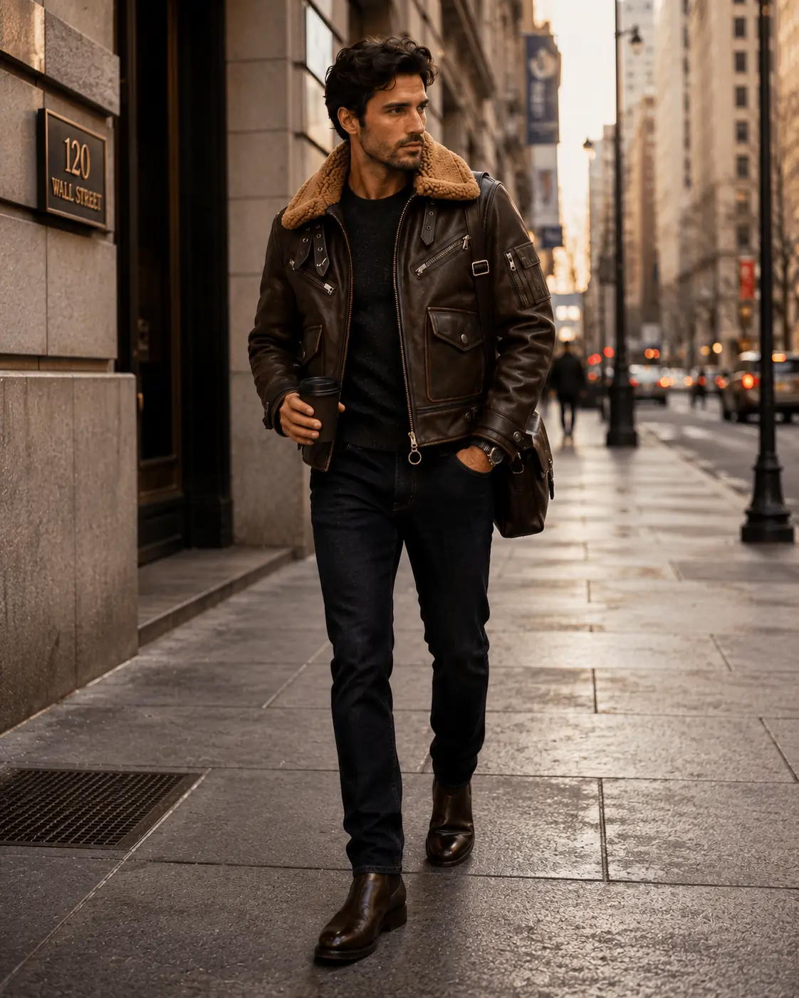 Brown aviator jacket styled with dark jeans for a city commute